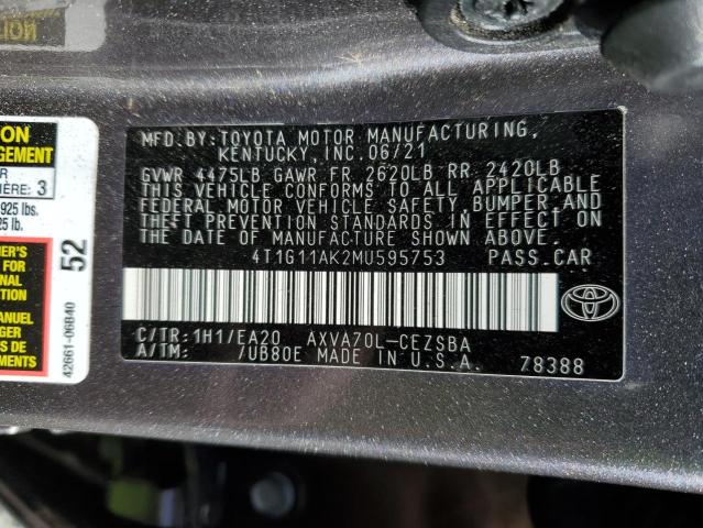 2021 Toyota Camry Se VIN: 4T1G11AK2MU595753 Lot: 78357793