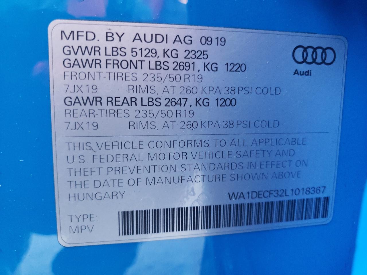 WA1DECF32L1018367 2020 Audi Q3 Premium S Line