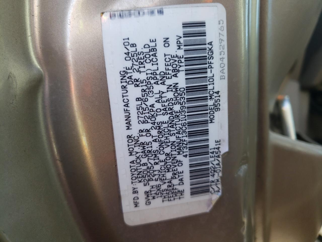 4T3ZF13C61U395350 2001 Toyota Sienna Le