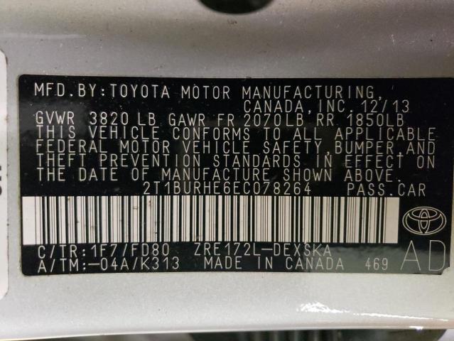 2T1BURHE6EC078264 | 2014 TOYOTA COROLLA L