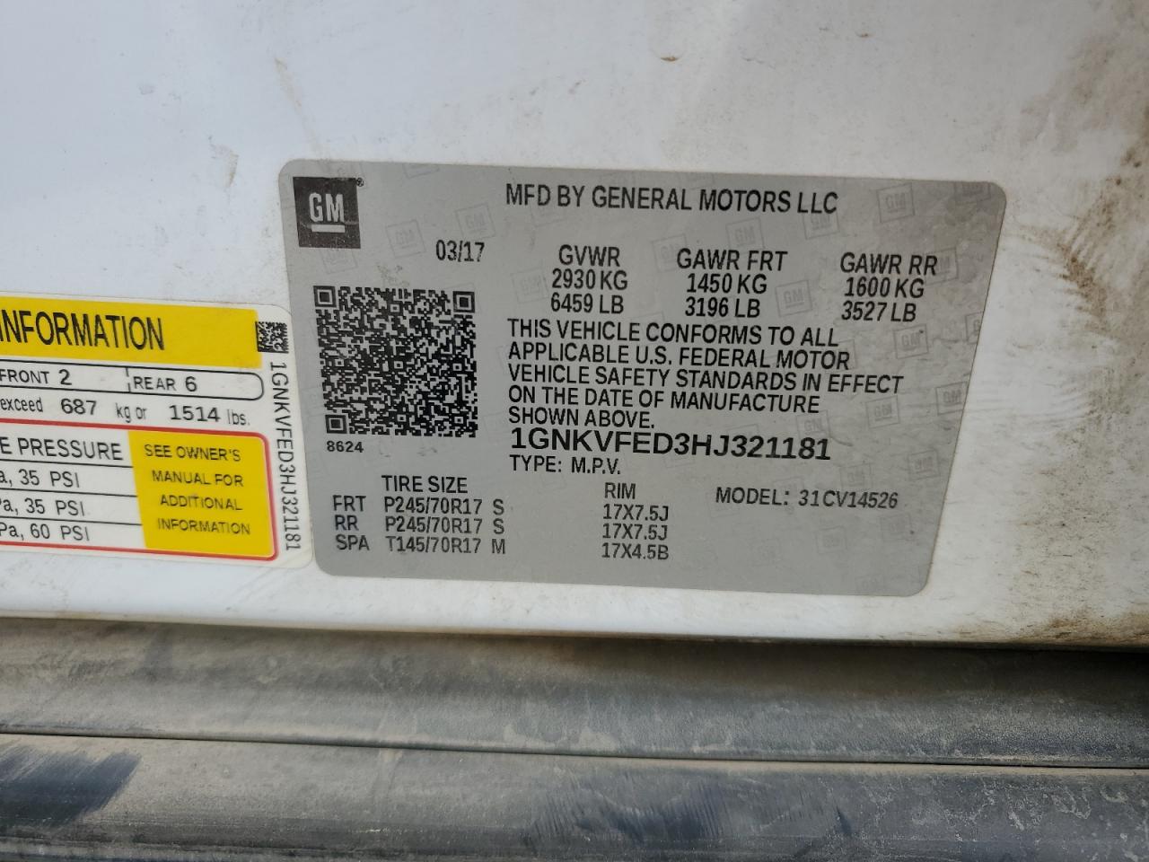 1GNKVFED3HJ321181 CHEVROLET TRAVERSE 2017