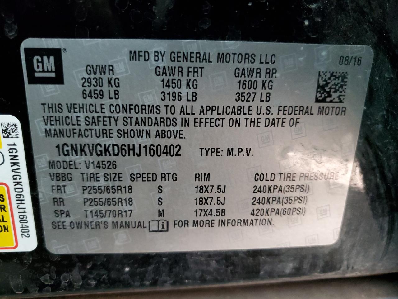 1GNKVGKD6HJ160402 CHEVROLET TRAVERSE 2017