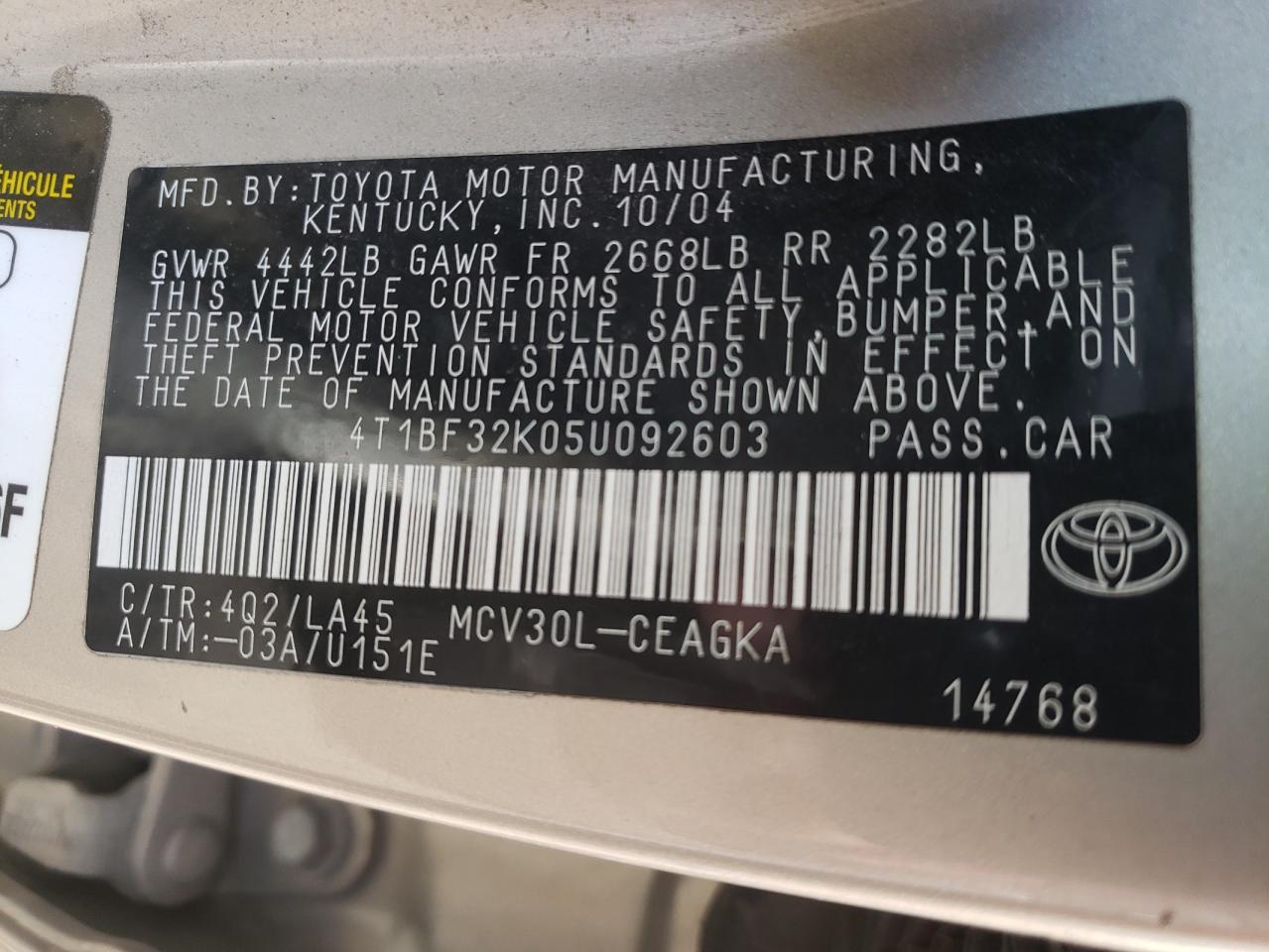 4T1BF32K05U092603 2005 Toyota Camry Le