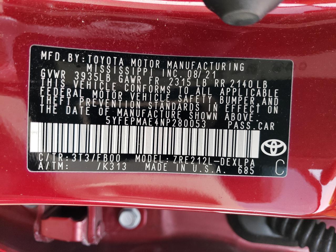 5YFEPMAE4NP280053 TOYOTA COROLLA 2022