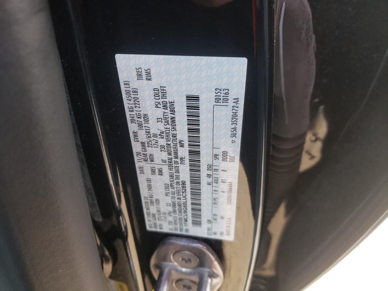 VIN: 1FMCU9G60LUC52890 2020 FORD ESCAPE