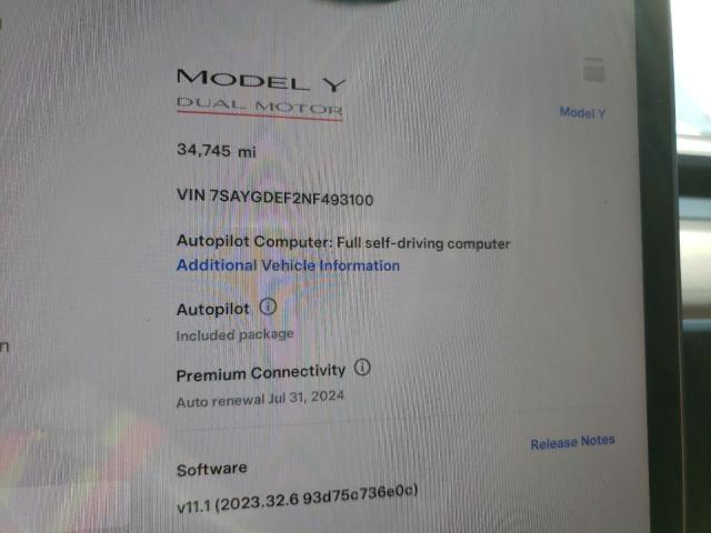 7SAYGDEF2NF493100 | 2022 TESLA MODEL Y