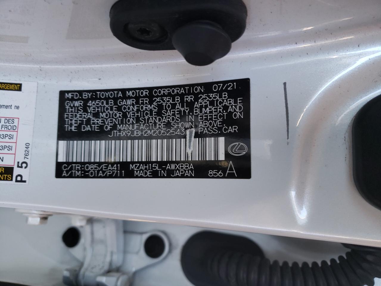 jthx9jbh2m2052543 JTHX9JBH2M2052543 2021 Lexus Ux 250H