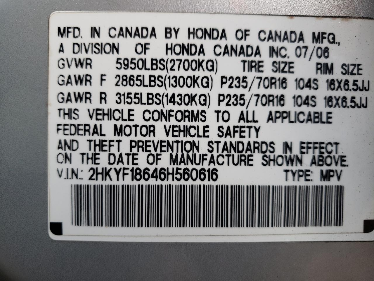 2HKYF18646H560616 2006 Honda Pilot Ex