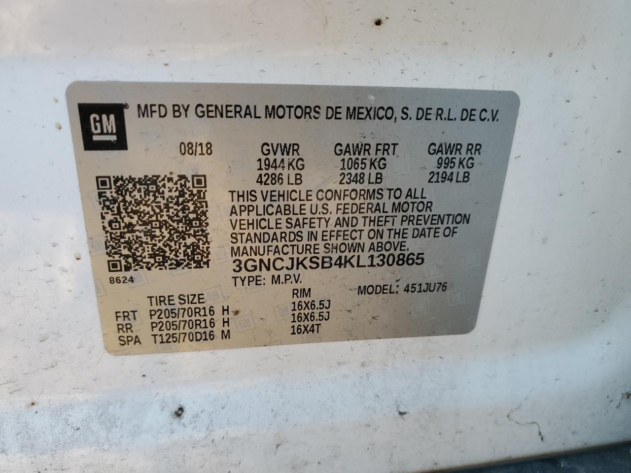 3GNCJKSB4KL130865 2019 Chevrolet Trax Ls