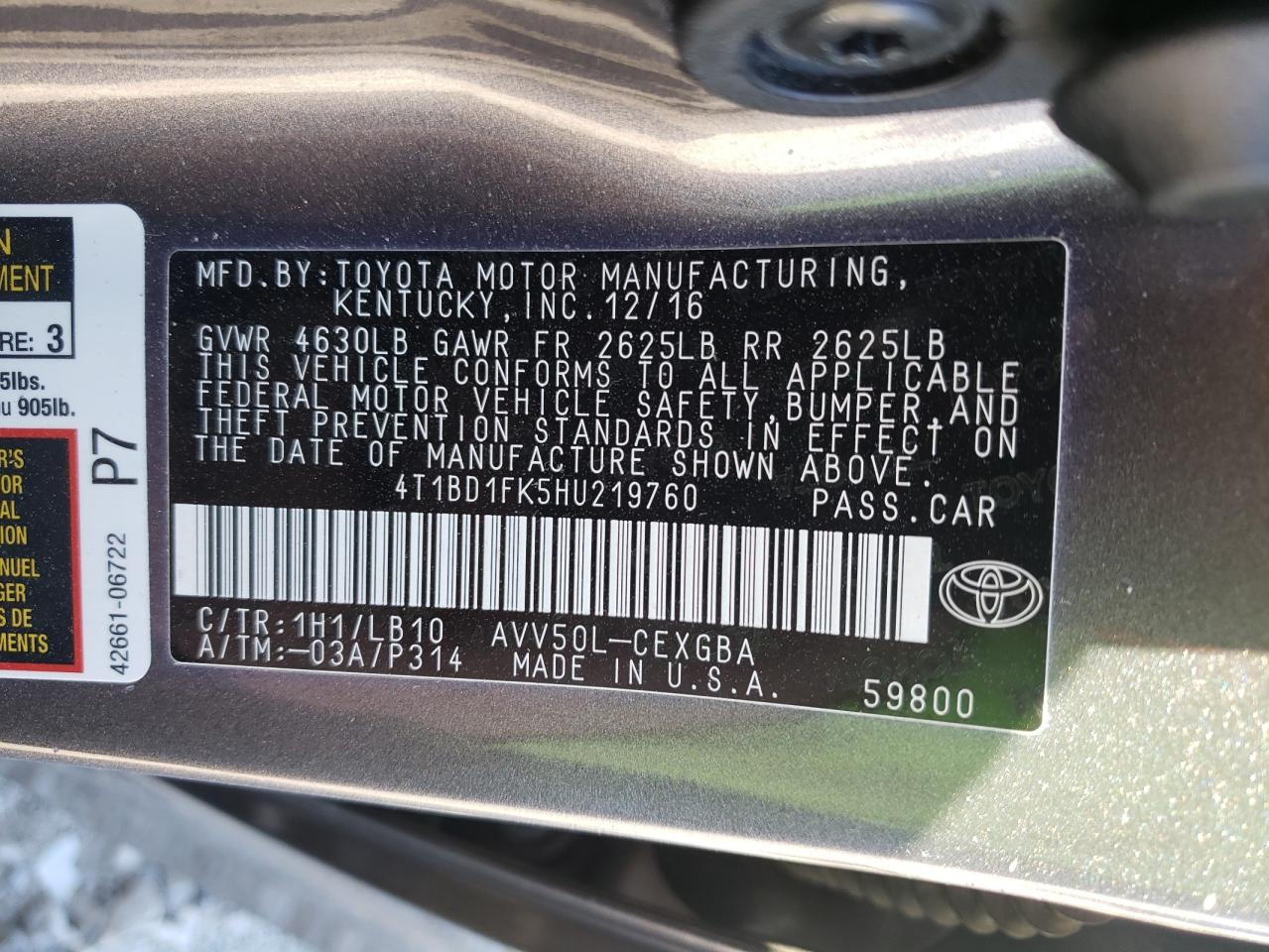 4T1BD1FK5HU219760 TOYOTA CAMRY 2017