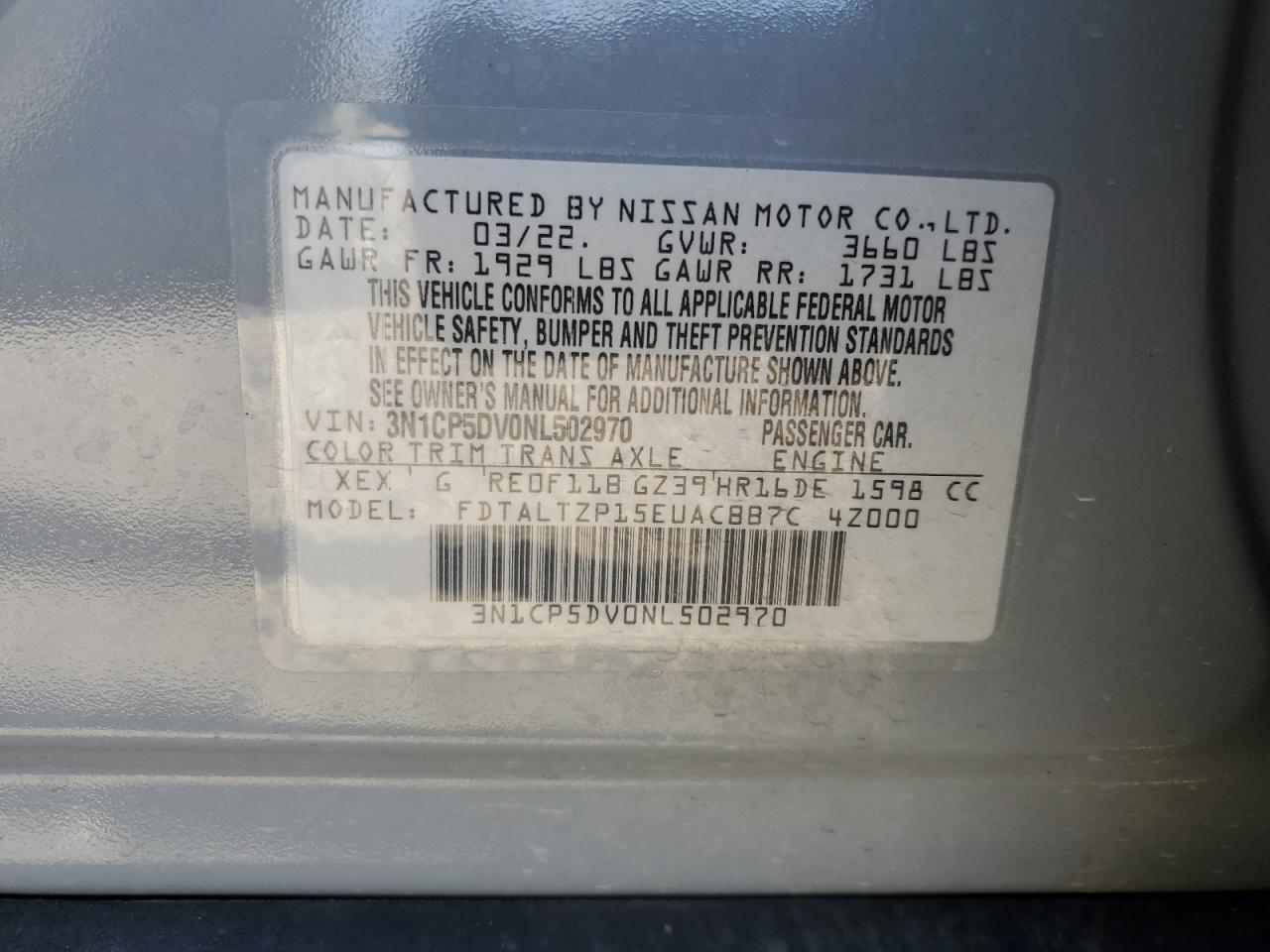 3N1CP5DV0NL502970 2022 Nissan Kicks Sr