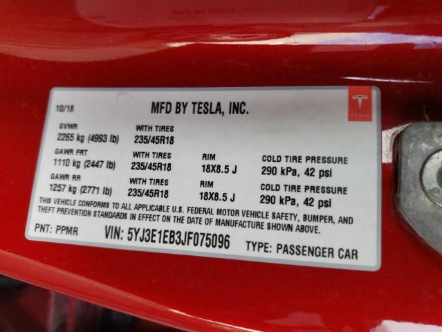 5YJ3E1EB3JF075096 | 2018 TESLA MODEL 3