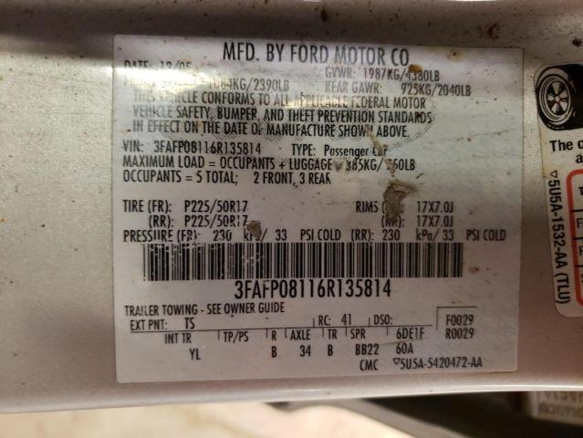 2006 Ford Fusion Sel VIN: 3FAFP08116R135814 Lot: 75326583