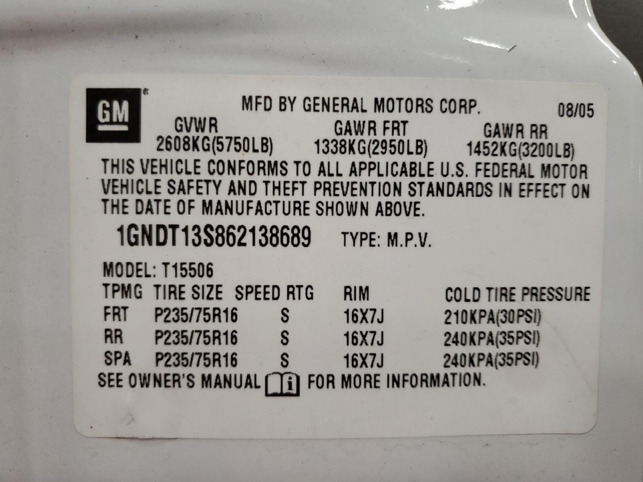 1GNDT13S862138689 2006 Chevrolet Trailblazer Ls 1GNDT13S862138689 2006 Chevrolet Trailblazer Ls