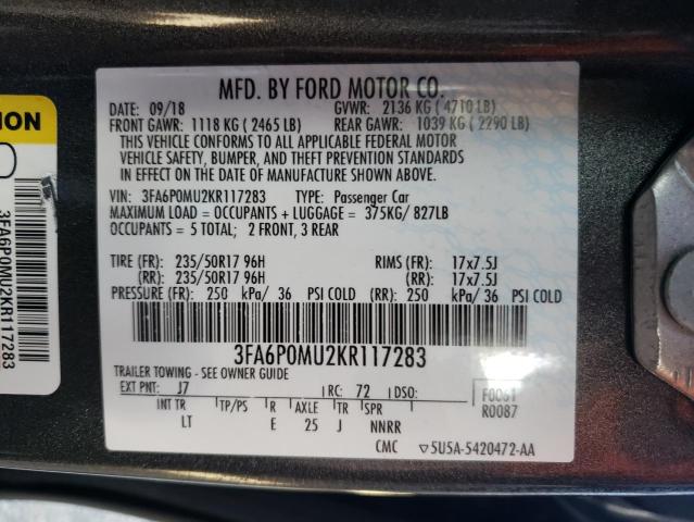 VIN 3FA6P0MU2KR117283 2019 Ford Fusion, Sel no.12