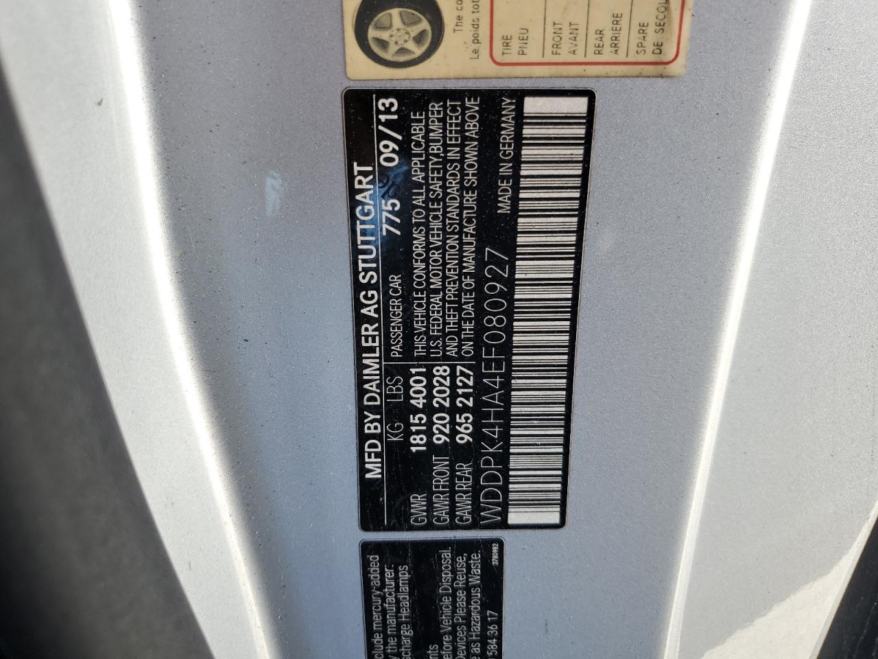 2014 Mercedes-Benz Slk 250 vin: WDDPK4HA4EF080927