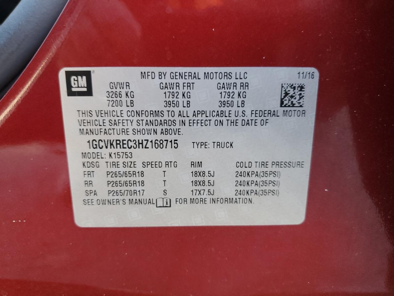 1GCVKREC3HZ168715 2017 Chevrolet Silverado K1500 Lt