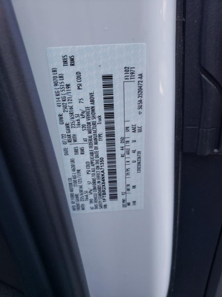 VIN: 1FTBR2X84NKA71350 2022 FORD TRANSIT