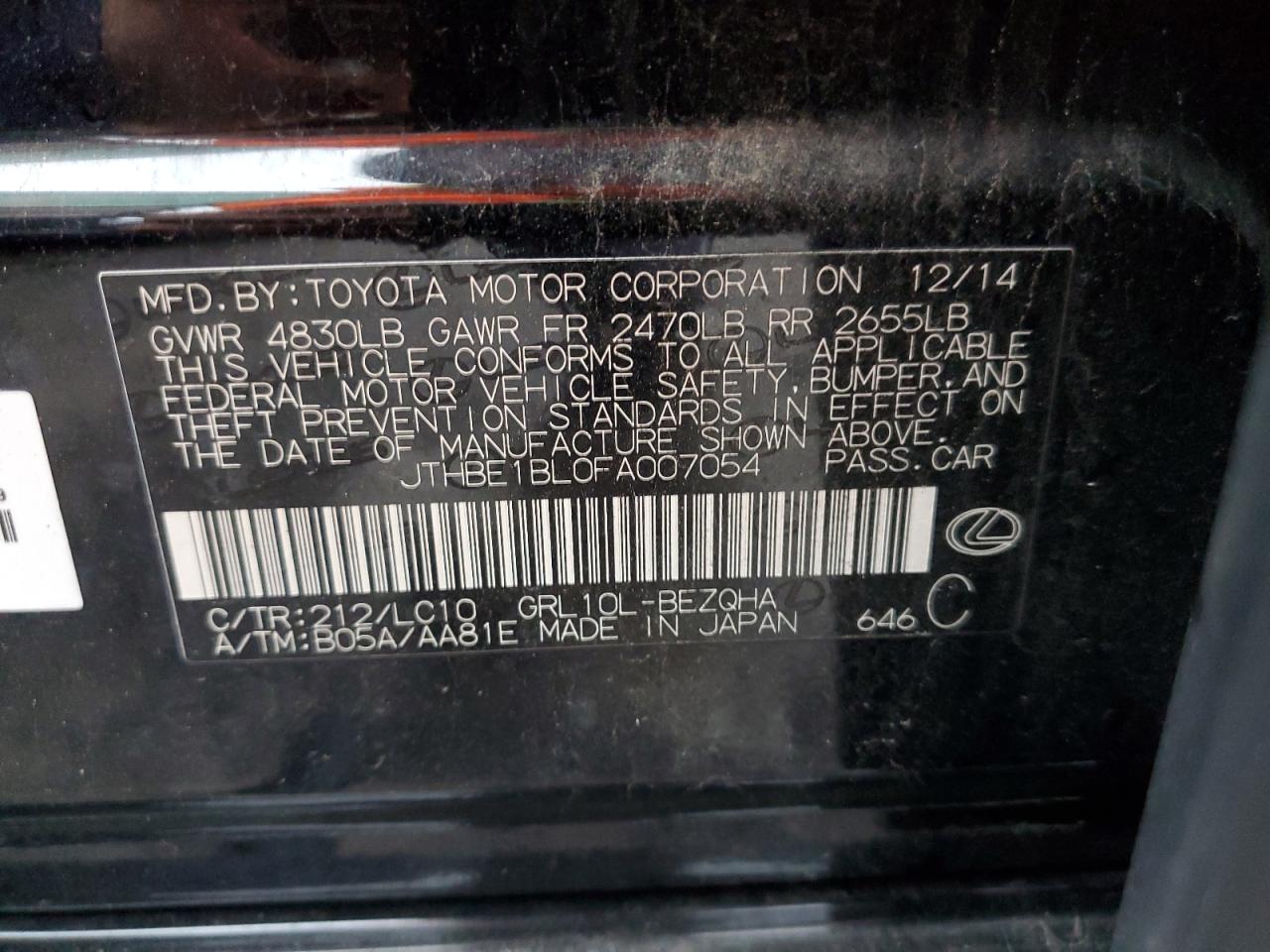 jthbe1bl0fa007054 JTHBE1BL0FA007054 2015 Lexus Gs 350