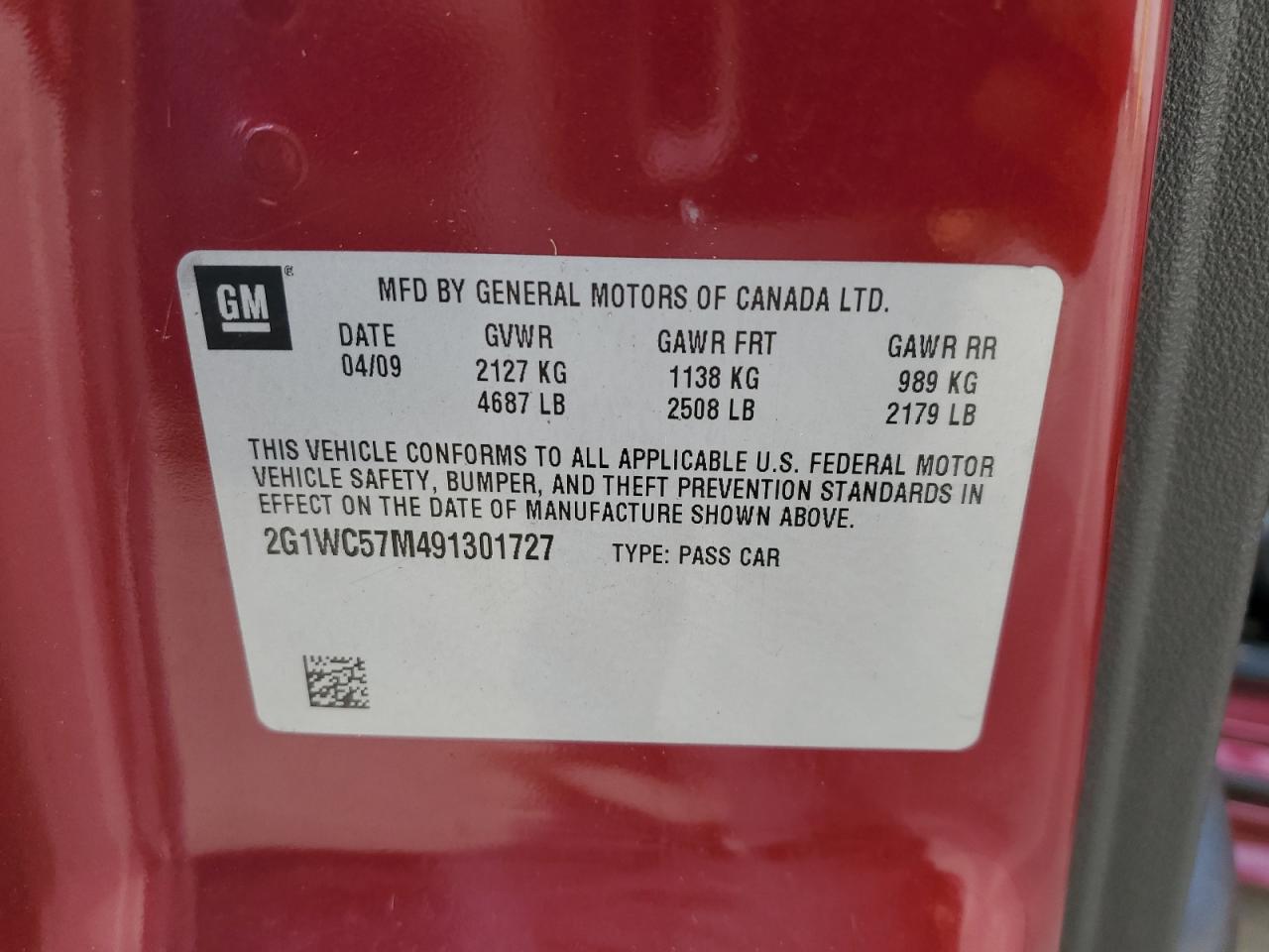 2G1WC57M491301727 2009 Chevrolet Impala 2Lt