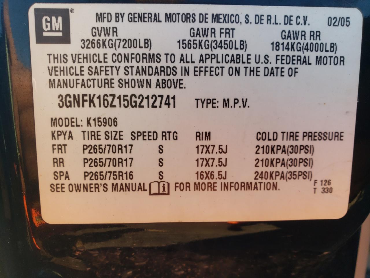 3GNFK16Z15G212741 2005 Chevrolet Suburban K1500