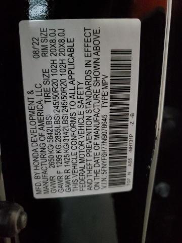 2022 HONDA PILOT BLAC - 5FNYF6H77NB078645