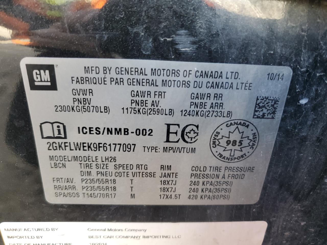 2GKFLWEK9F6177097 2015 GMC Terrain Sle