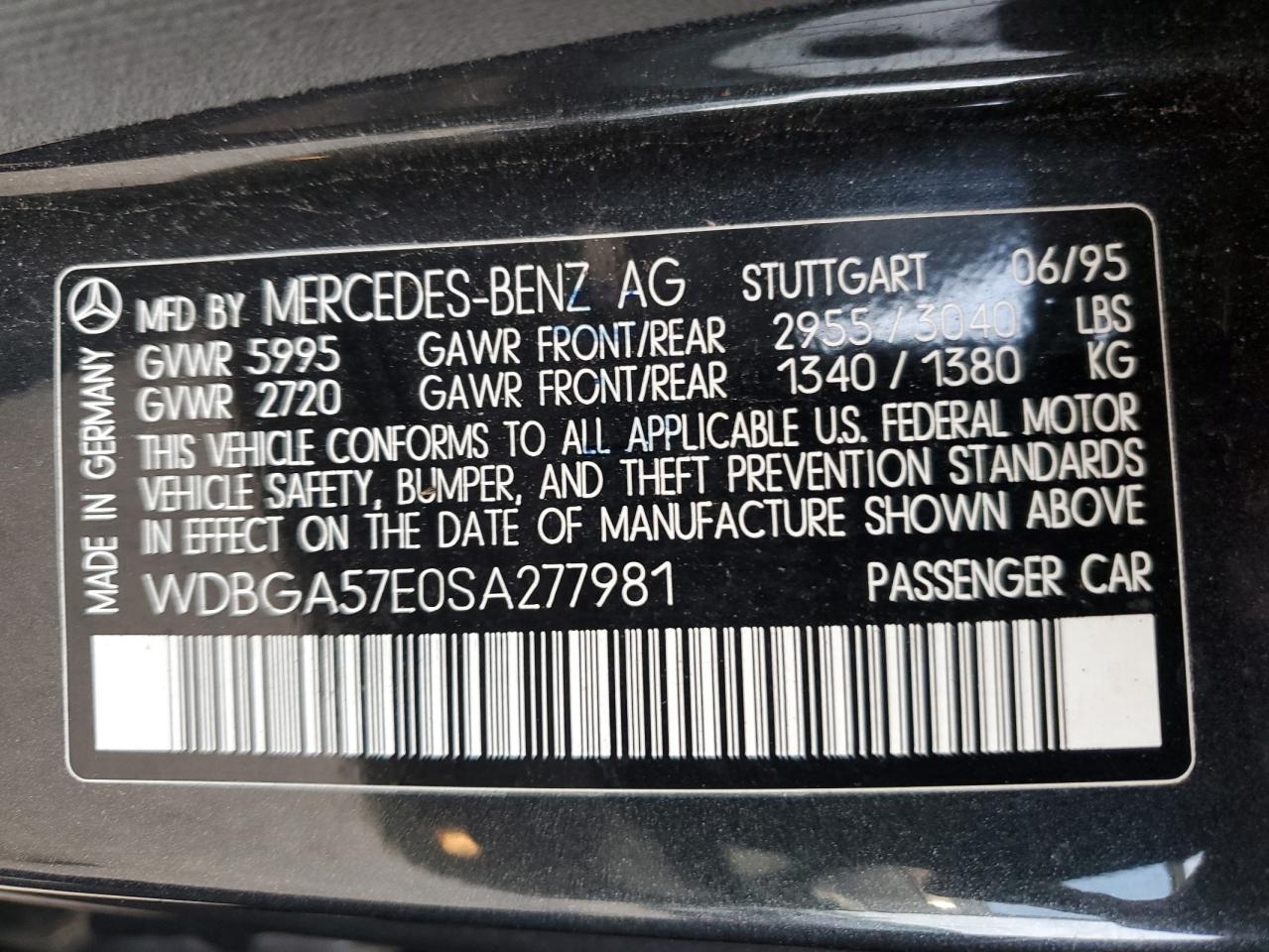 wdbga57e0sa277981 WDBGA57E0SA277981 1995 Mercedes-Benz S 600