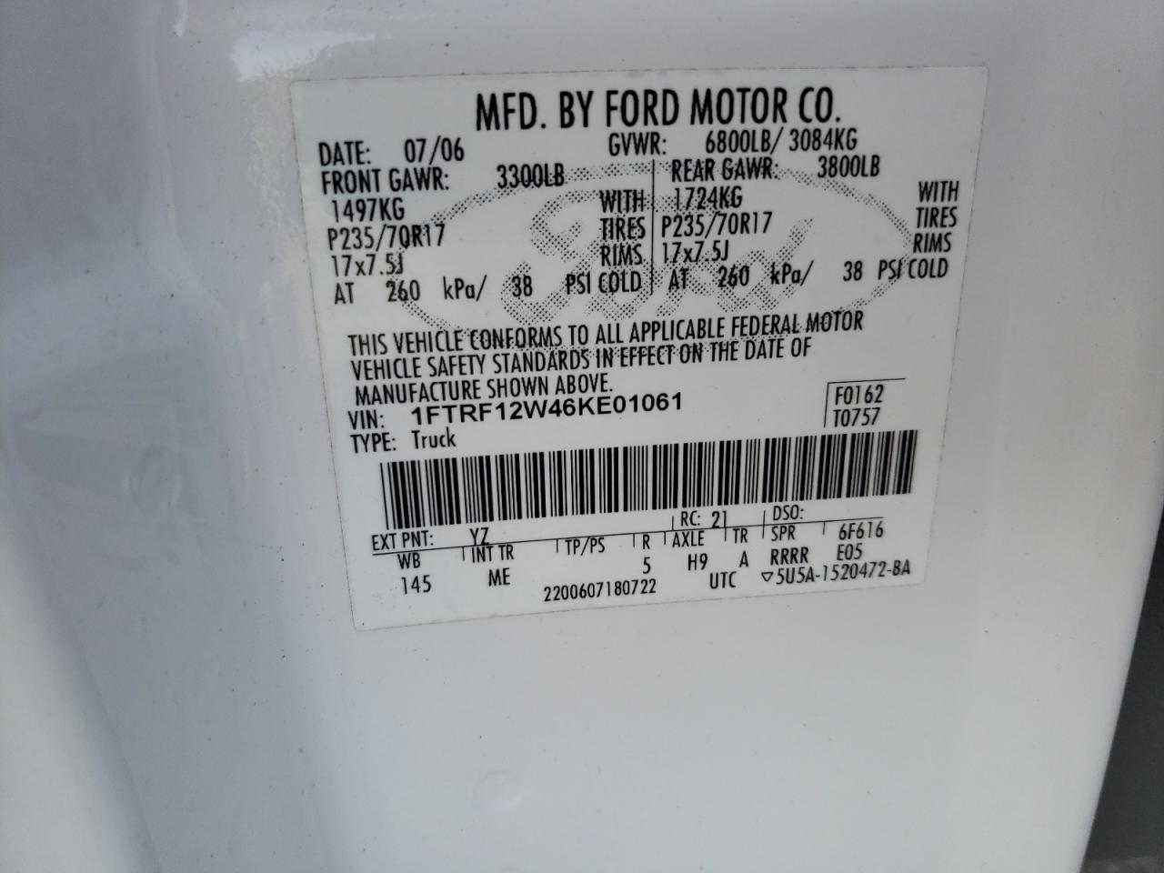 1FTRF12W46KE01061 2006 Ford F150