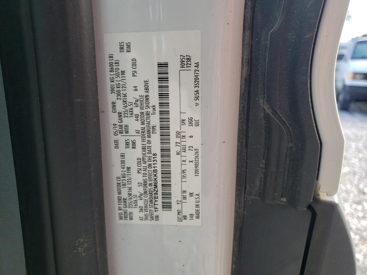 VIN: 1FTYE9ZM6KKB11318 2019 FORD TRANSIT