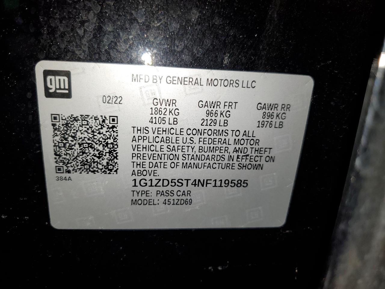 1G1ZD5ST4NF119585 CHEVROLET MALIBU 2022