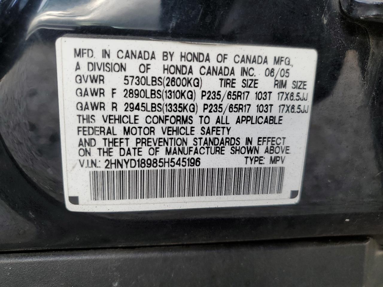 2HNYD18985H545196 2005 Acura Mdx Touring