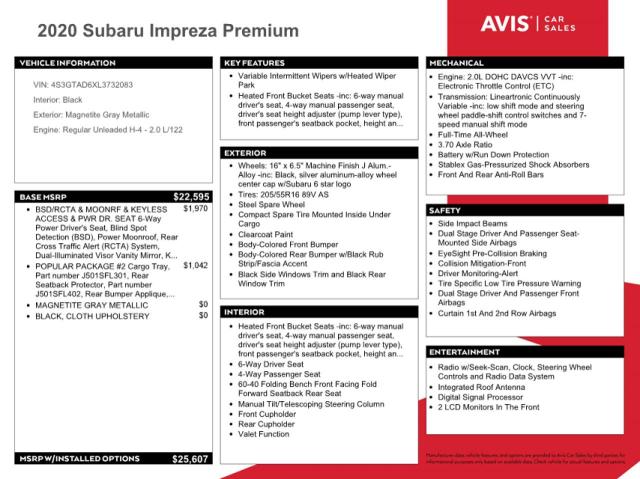 4S3GTAD6XL3732083 | 2020 Subaru impreza premium