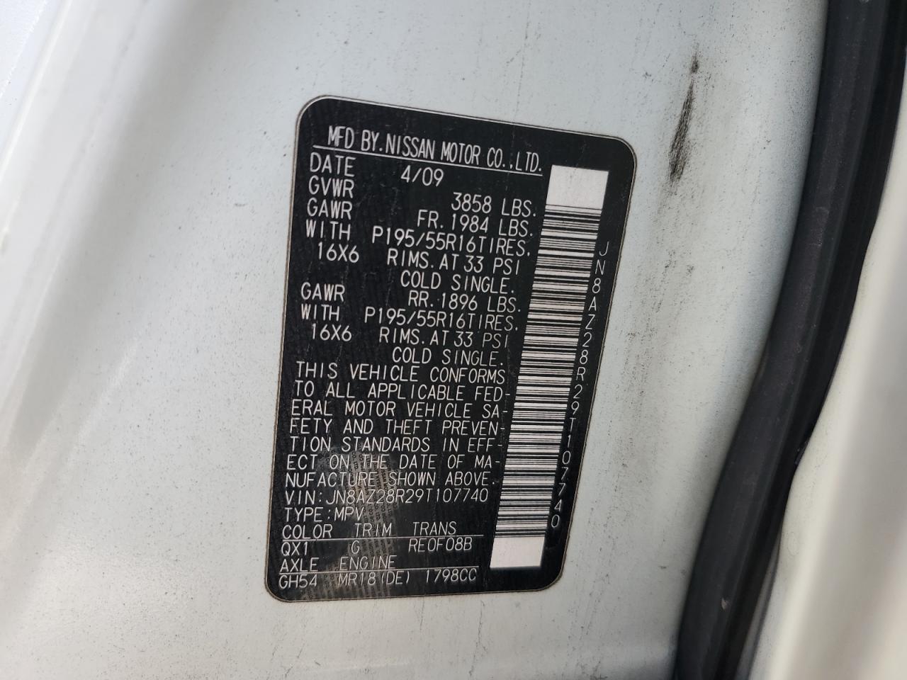 JN8AZ28R29T107740 2009 Nissan Cube Base