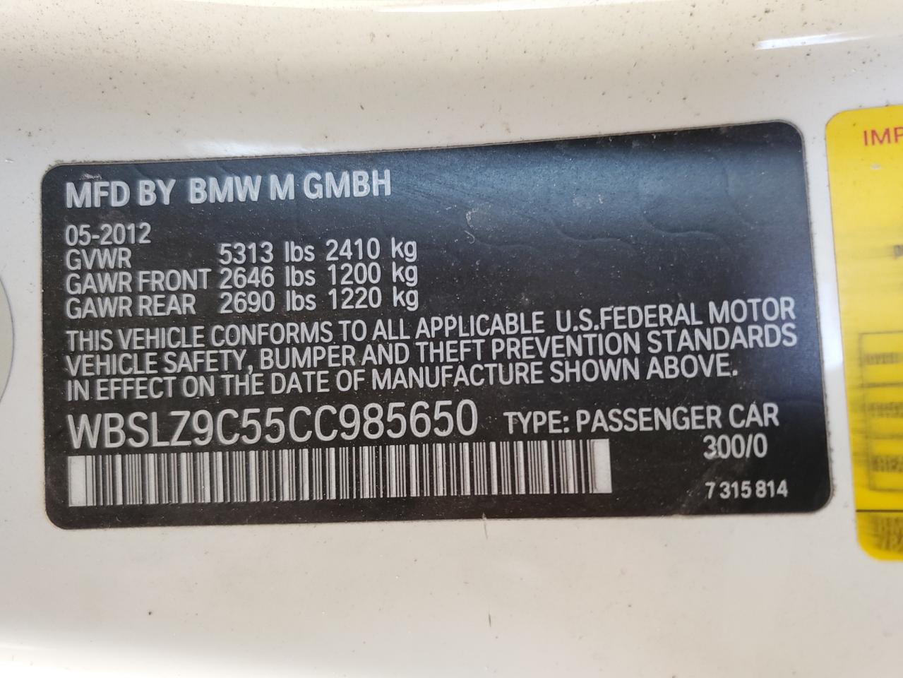 WBSLZ9C55CC985650 2012 BMW M6