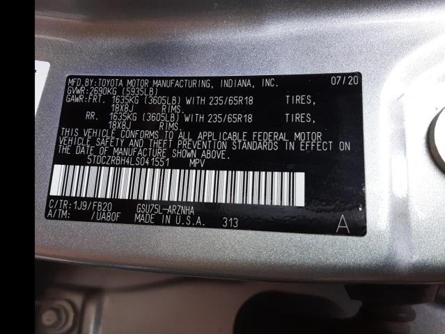 VIN 5TDCZRBH4LS041551 2020 Toyota Highlander, L no.12