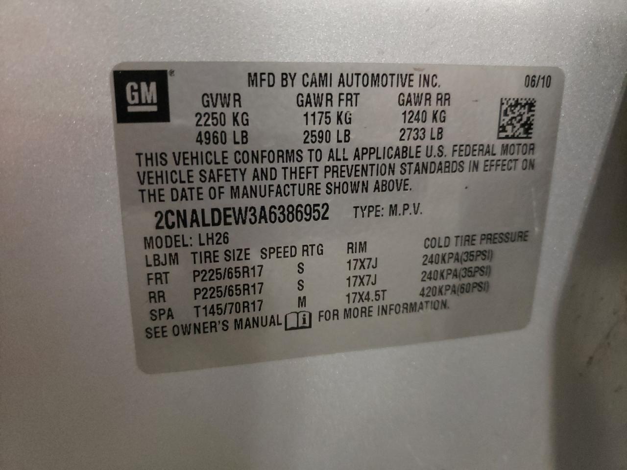 2CNALDEW3A6386952 2010 Chevrolet Equinox Lt 2CNALDEW3A6386952 2010 Chevrolet Equinox Lt