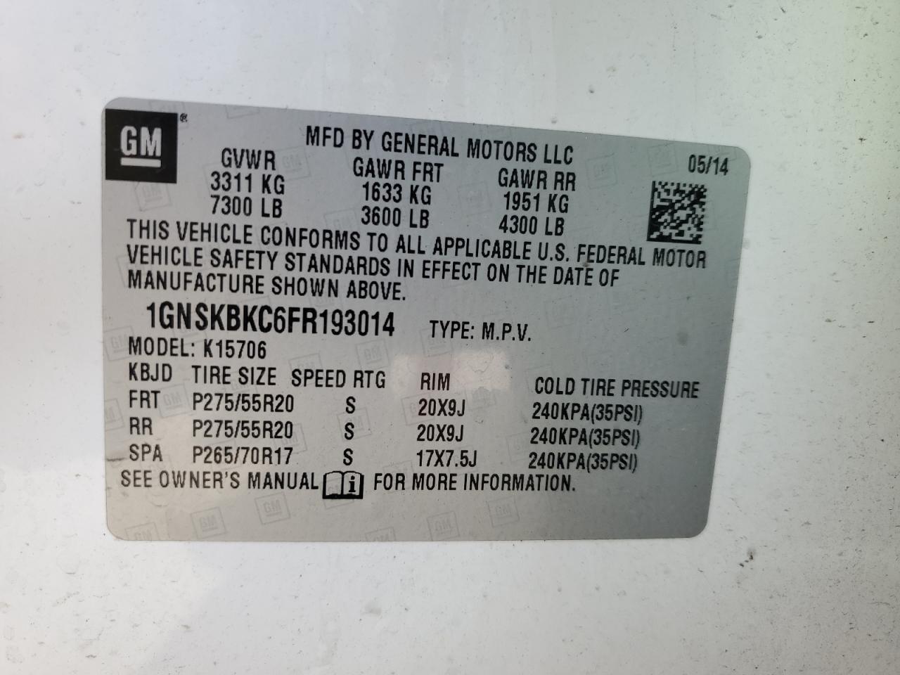 1GNSKBKC6FR193014 2015 Chevrolet Tahoe K1500 Lt