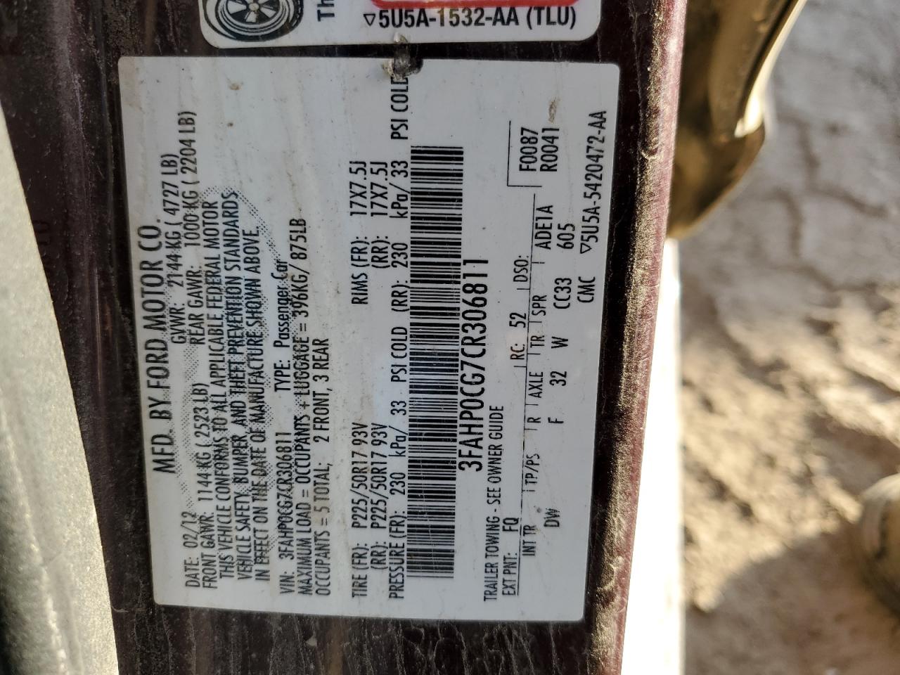 3FAHP0CG7CR306811 2012 Ford Fusion Sel