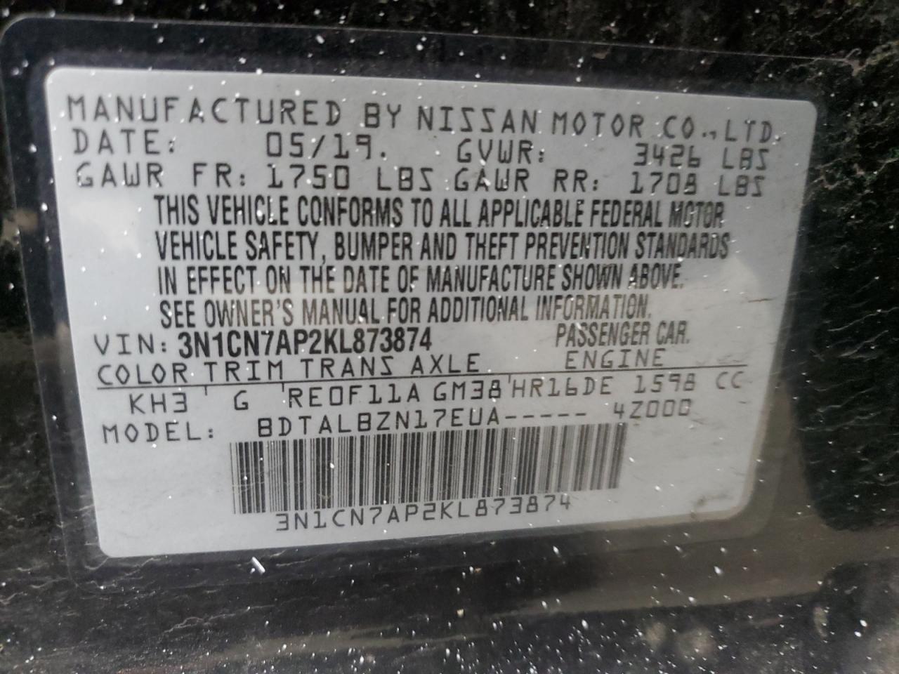 3N1CN7AP2KL873874 2019 Nissan Versa S