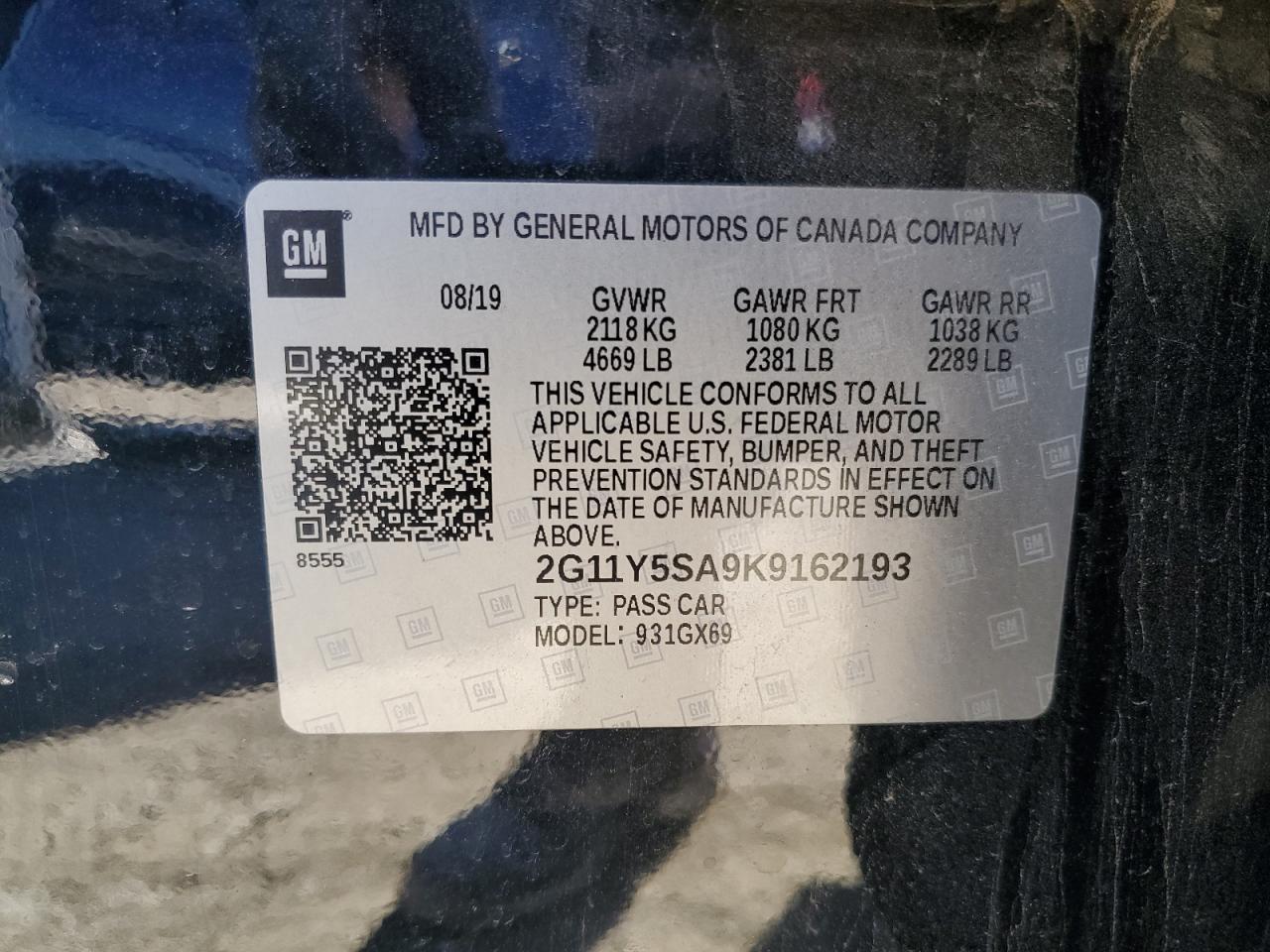 2G11Y5SA9K9162193 2019 Chevrolet Impala Ls