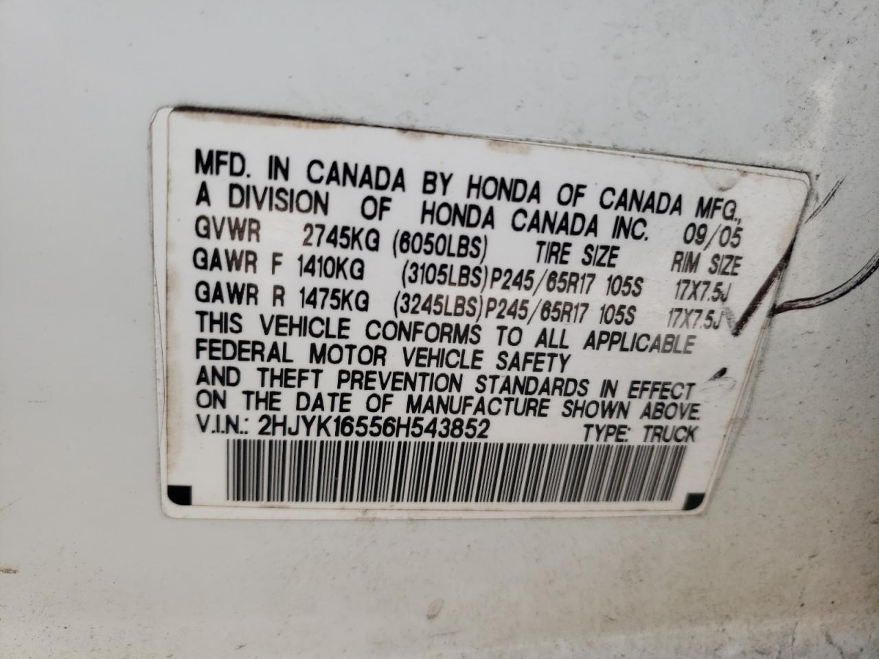 2HJYK16556H543852 2006 Honda Ridgeline Rtl