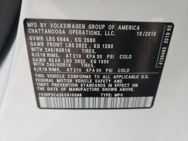 1V2DP2CA2KC610396 | 2019 VOLKSWAGEN ATLAS SE