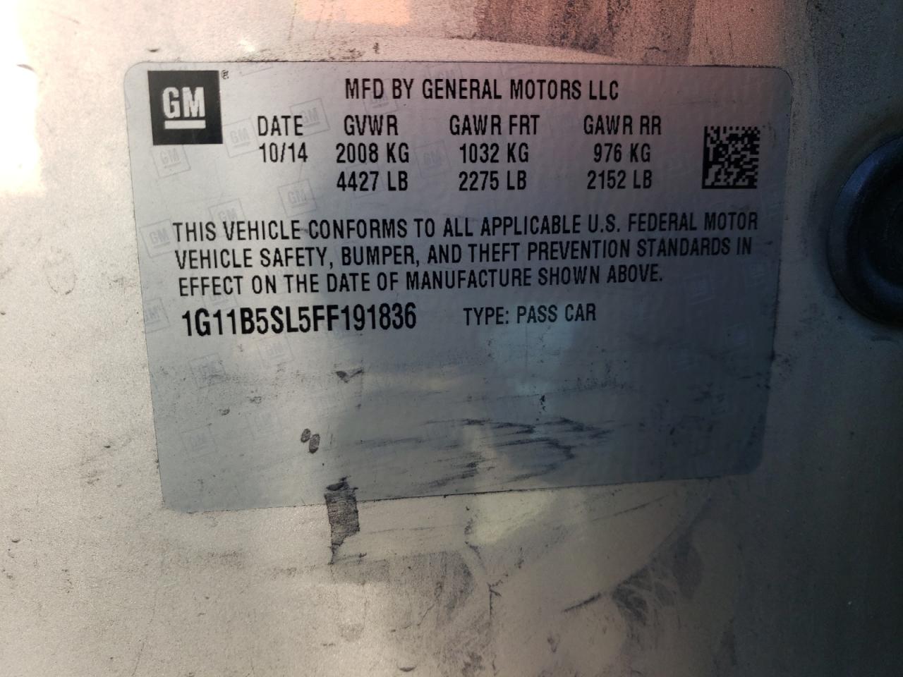 2015 Chevrolet Malibu Ls vin: 1G11B5SL5FF191836