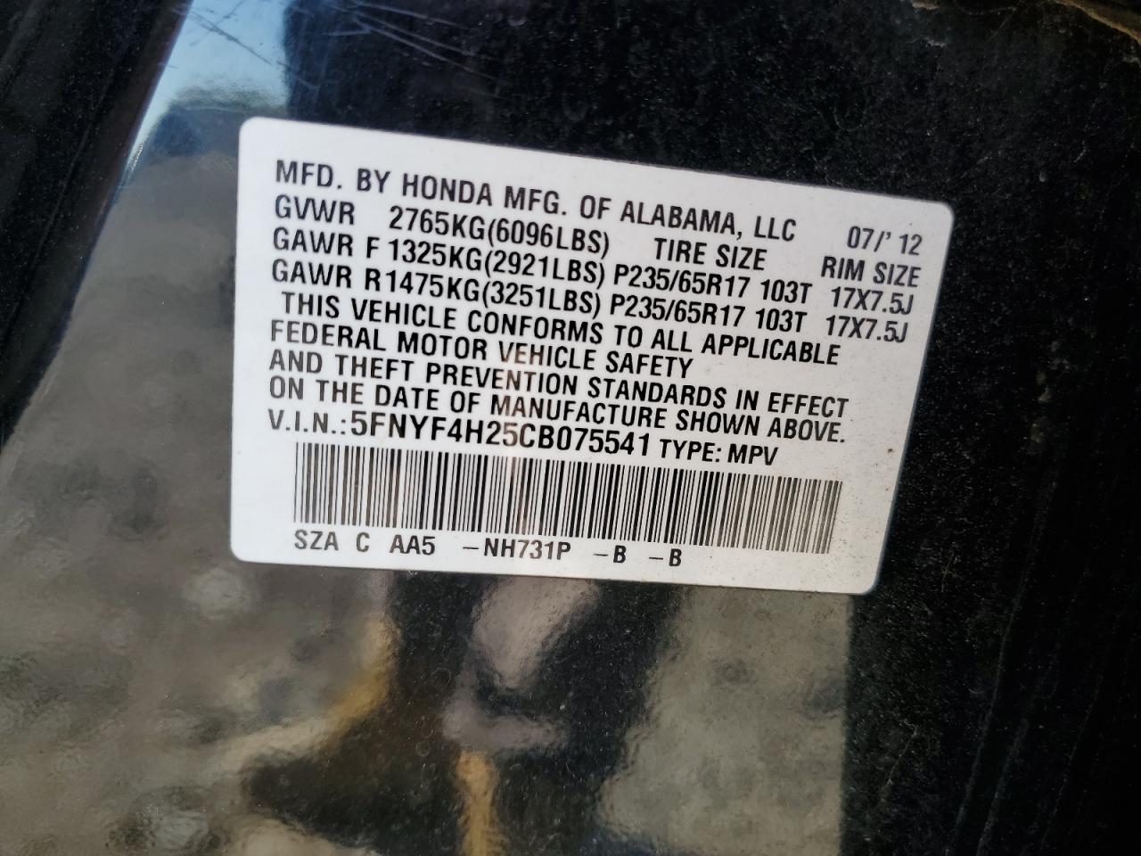 5FNYF4H25CB075541 2012 Honda Pilot Lx