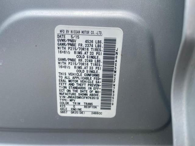 JN8AS5MV2FW763519 Nissan Rogue Select S