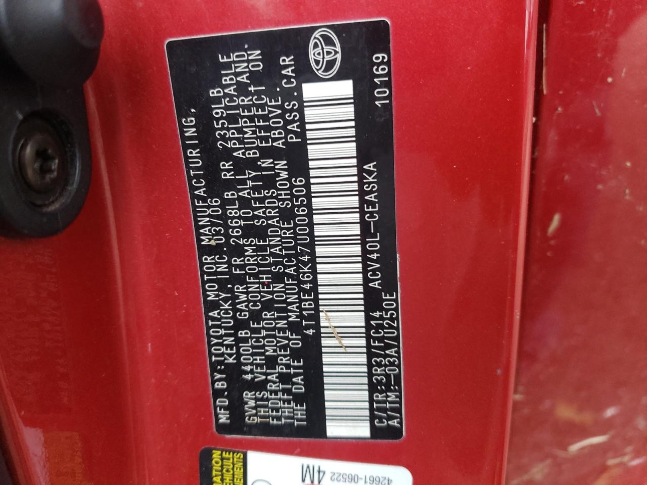 4T1BE46K47U006506 2007 Toyota Camry Ce