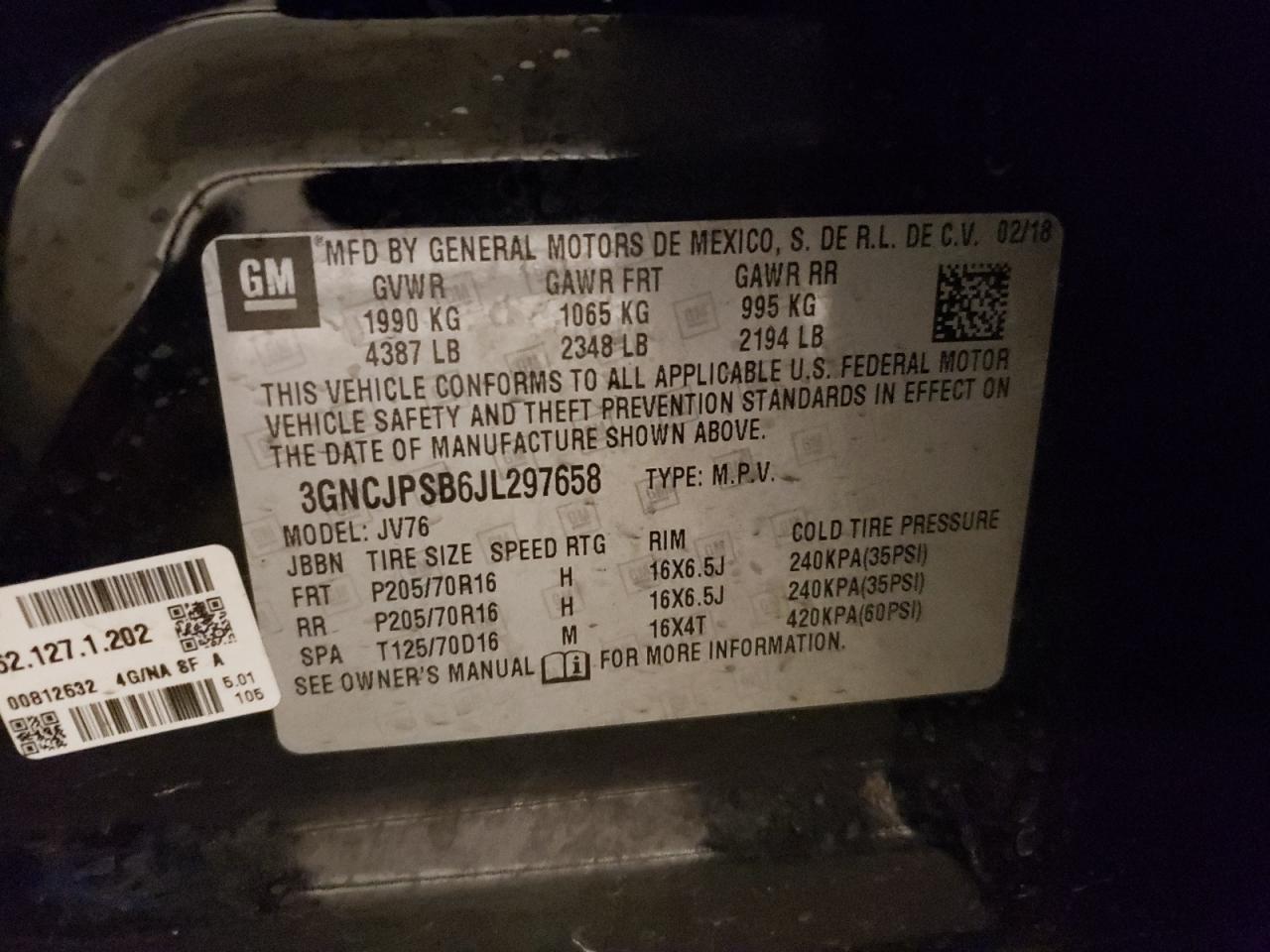 3GNCJPSB6JL297658 2018 Chevrolet Trax 1Lt