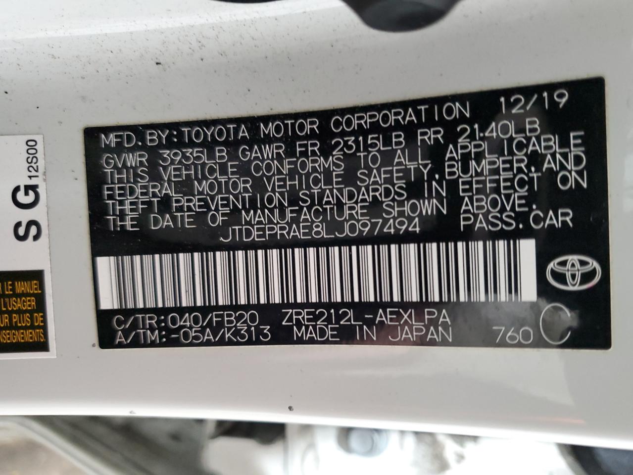 JTDEPRAE8LJ097494 2020 Toyota Corolla Le JTDEPRAE8LJ097494 2020 Toyota Corolla Le