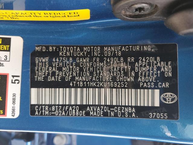 4T1B11HK2KU169252 | 2019 TOYOTA CAMRY L